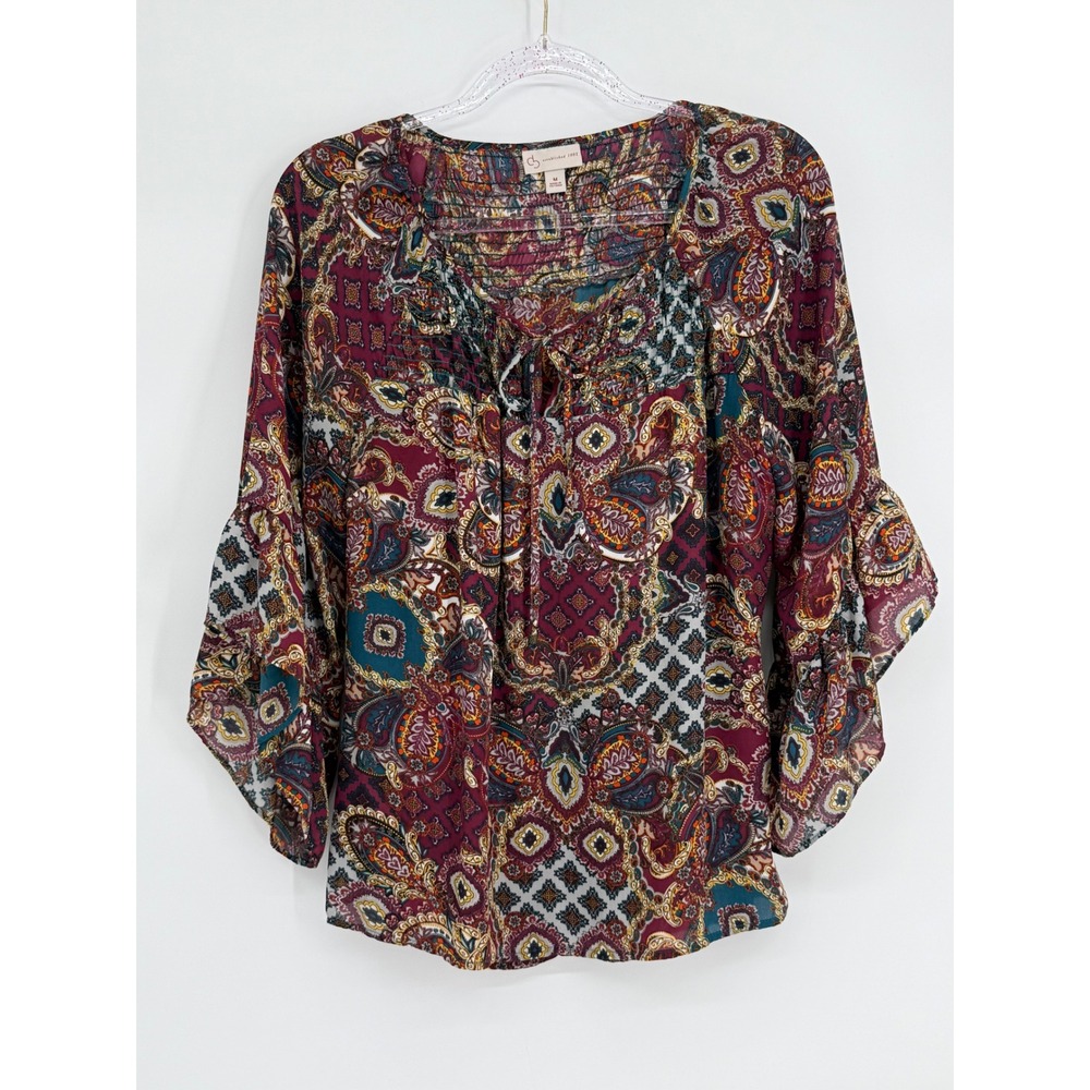 Christopher & Banks Womens Paisley Smocked Chiffon Bell Sleeve Blouse Multi Sz M